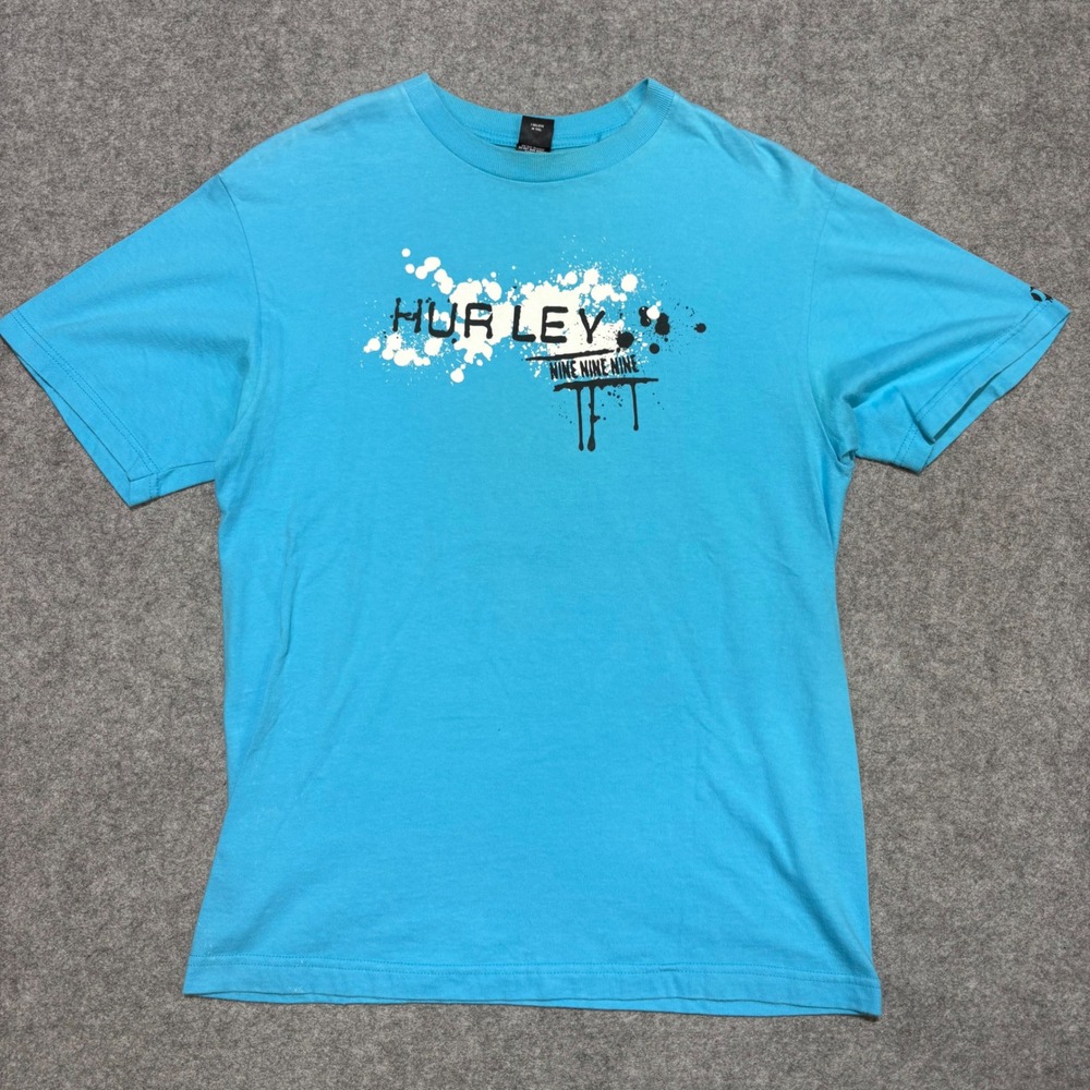 Vtg Hurley Mens Nine Nine Nine Graphic T-Shirt Cyan Blue Sz Medium Short Sleeve